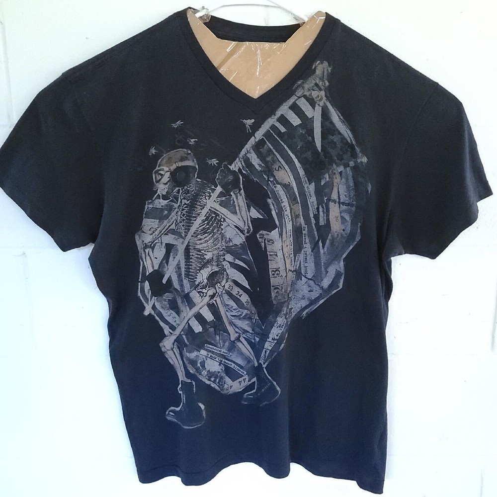 Marc Ecko Mens 2XL Biker Skeleton Flag Scull Tee Shirt